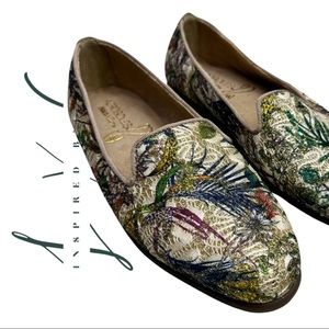 AEROSOLES Stitch-N-Turn Botanical Print Metallic Gold Slip On Flats